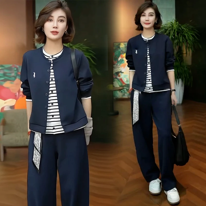 休闲运动套装女2025秋季新款洋气显瘦拼接假两件开衫阔腿裤两件套