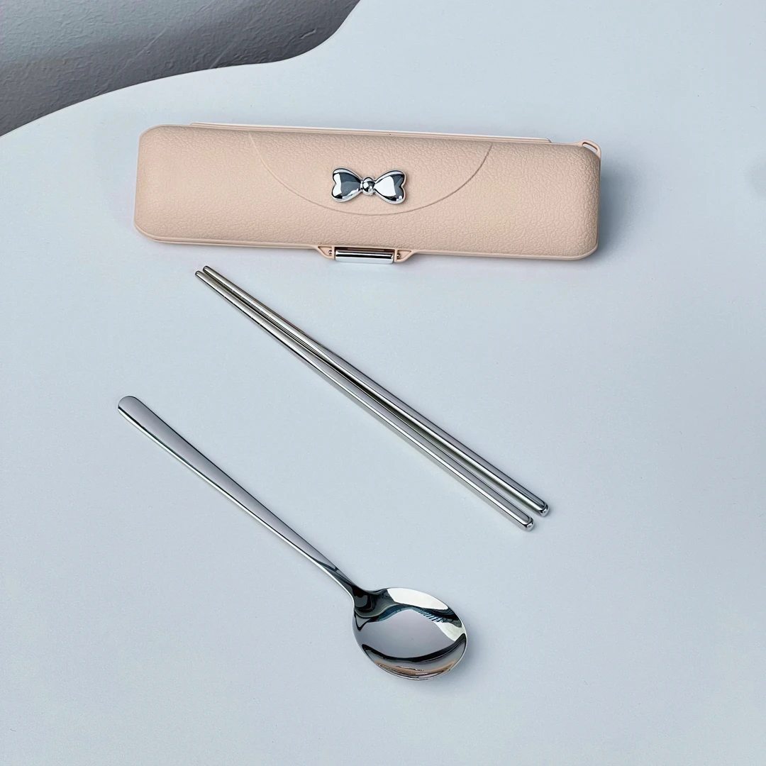 高颜值筷子勺子套装304不锈钢便携蝴蝶结盒餐具套装