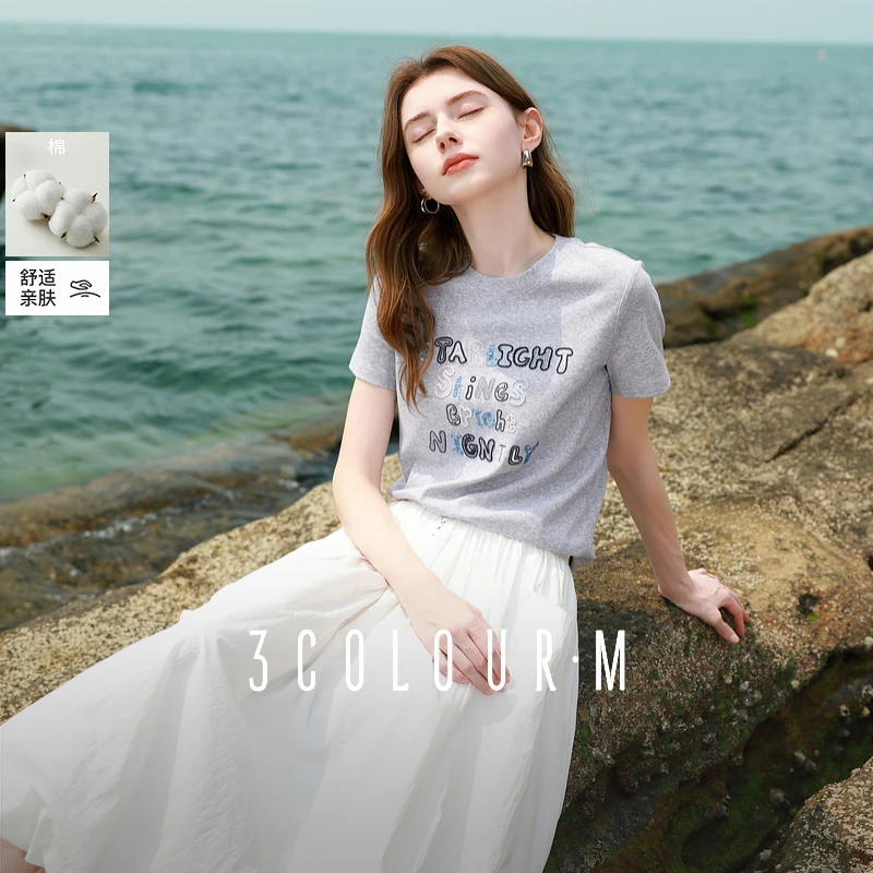 三彩2025夏季新款字母刺绣T恤圆领正肩短袖灰色上衣套头衫休闲女M