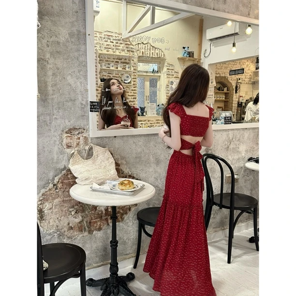 【海岛繁花】小飞袖露背连衣裙女显瘦温柔百搭海边度假连衣裙裙子