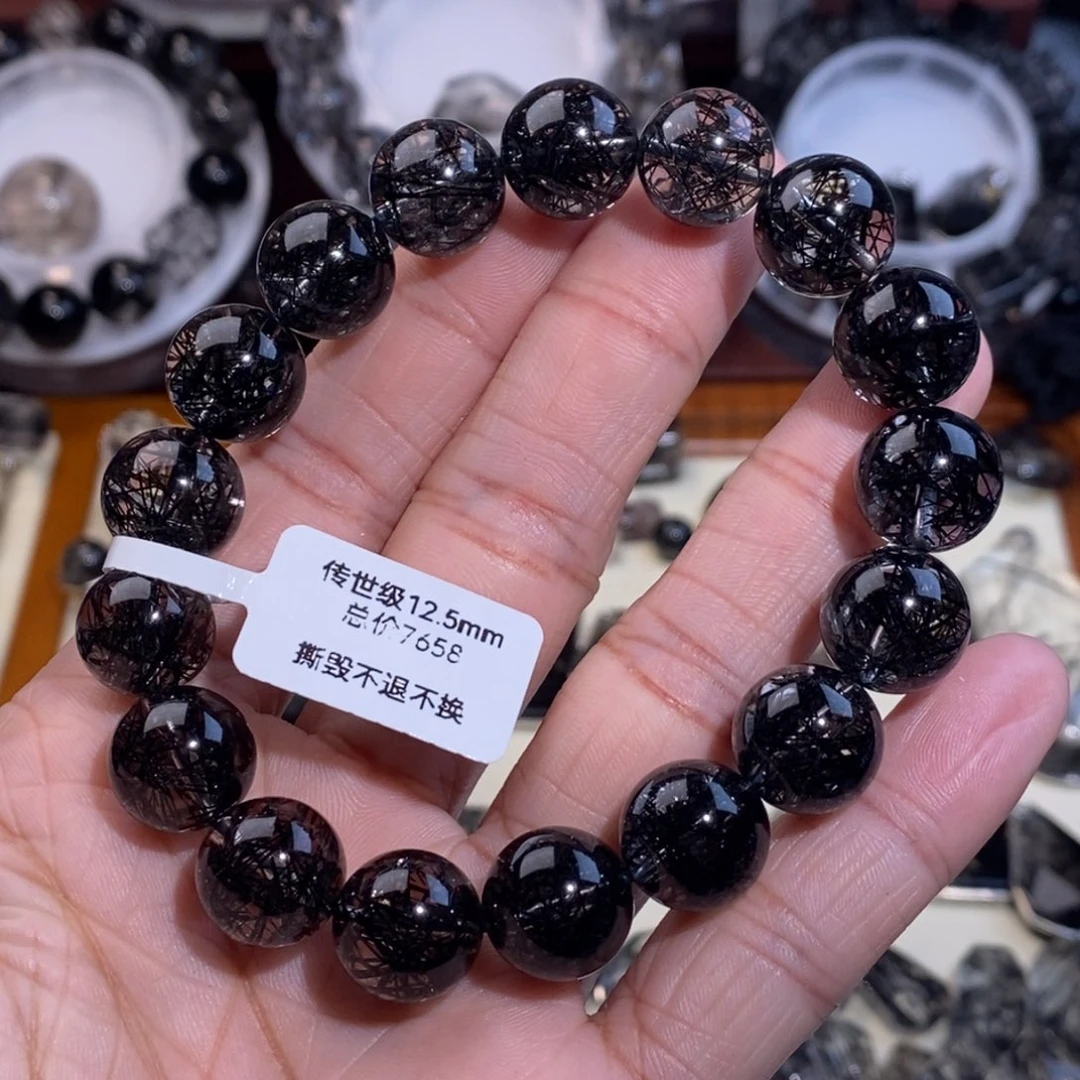 冷***山水晶未镶嵌手链传世级黑发晶全透体满发蕾丝12.5mm