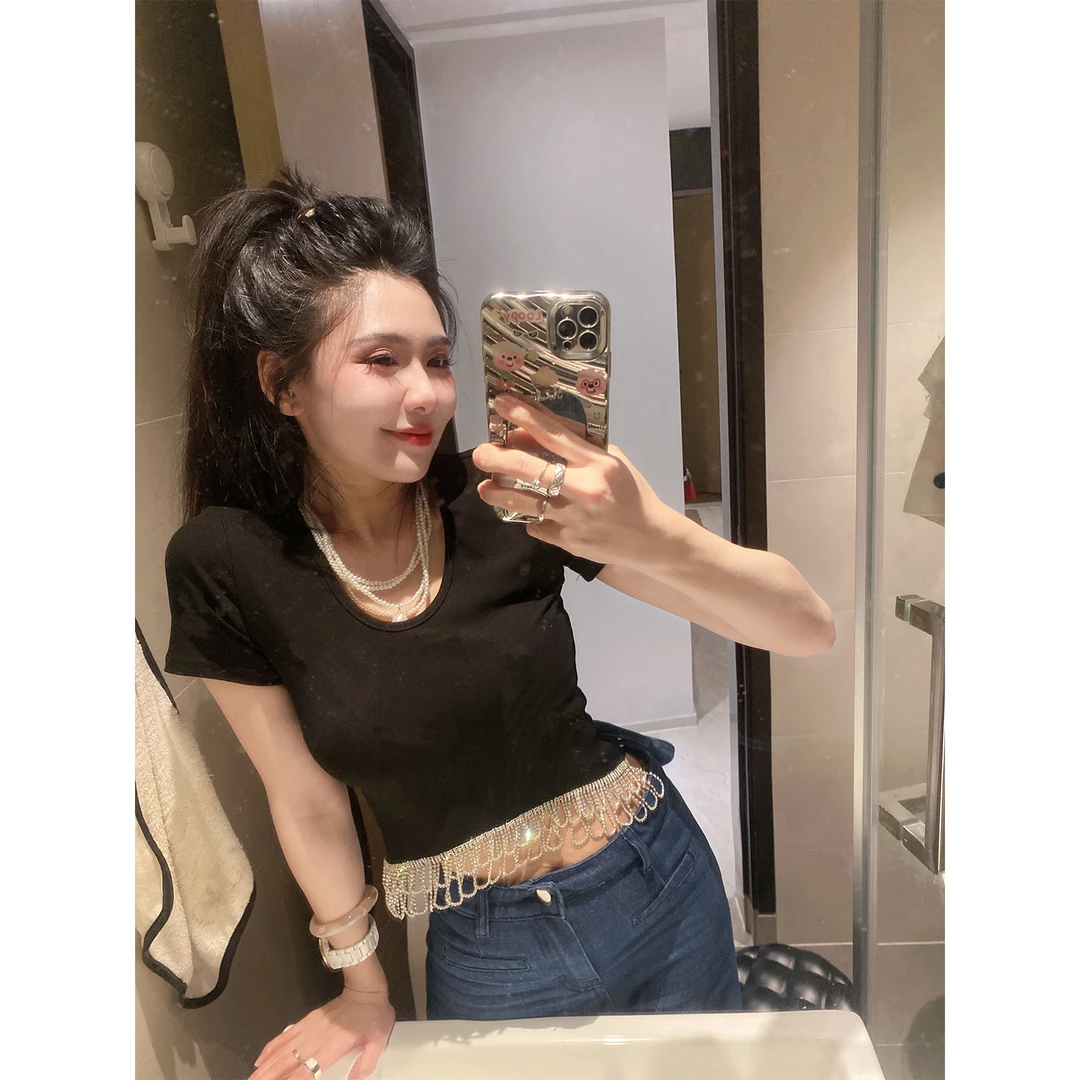 欧洲站重工流苏链条短袖t恤女夏季欧货设计感小众轻奢短款上衣ins