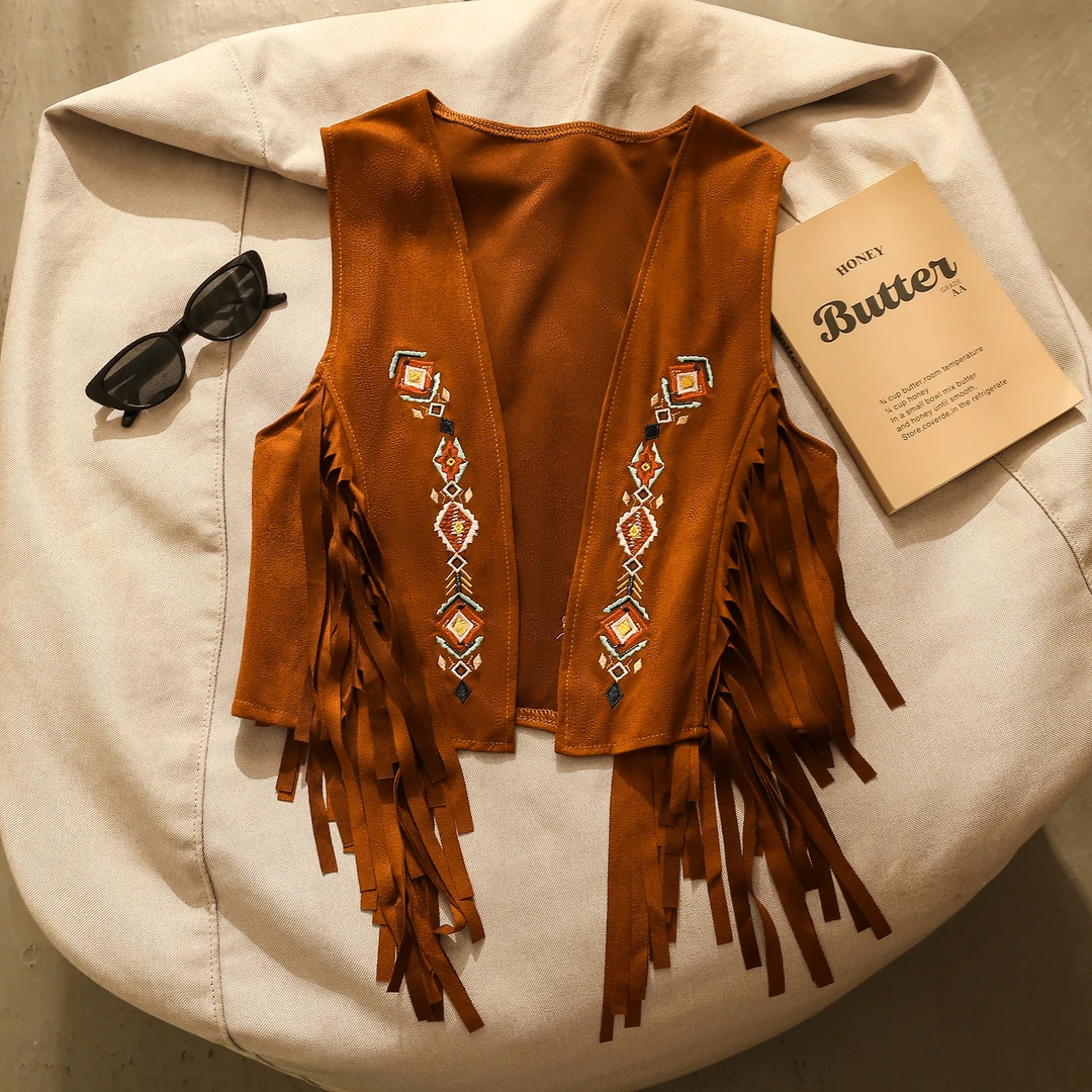 超好看~波西米亚复古流苏刺绣马甲外搭旅行度假穿搭短背心上衣女