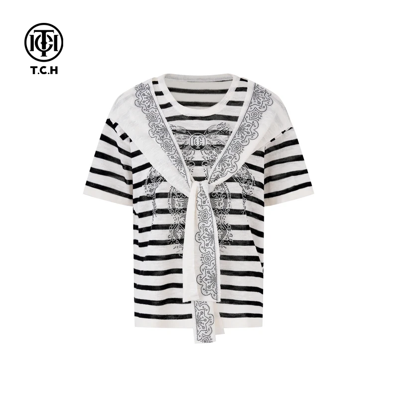 TCH现货烫钻蝴蝶结时尚百搭气质休闲T恤夏季女T75A09E5060轻奢tch