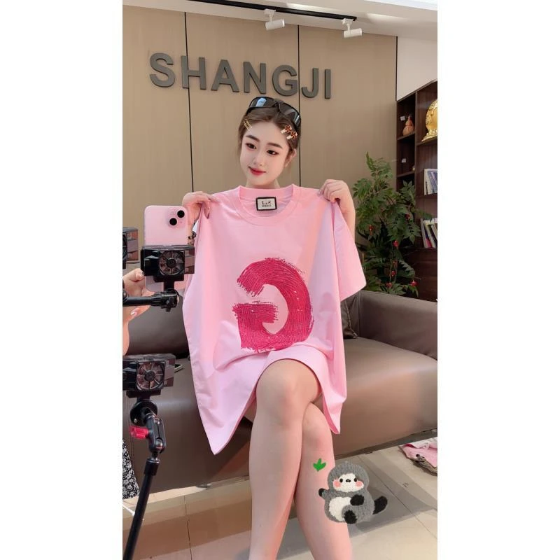 新款{彩绘G红}高颜值老板娘气质款烫钻百搭T恤宽松休闲夏季