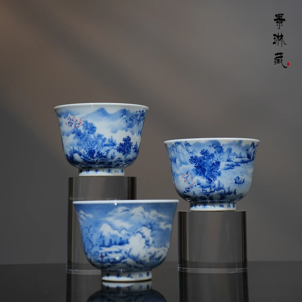 景琳藏江天暮雪 潇湘八景茶杯130ml 景德镇手工青花手绘高端茶器