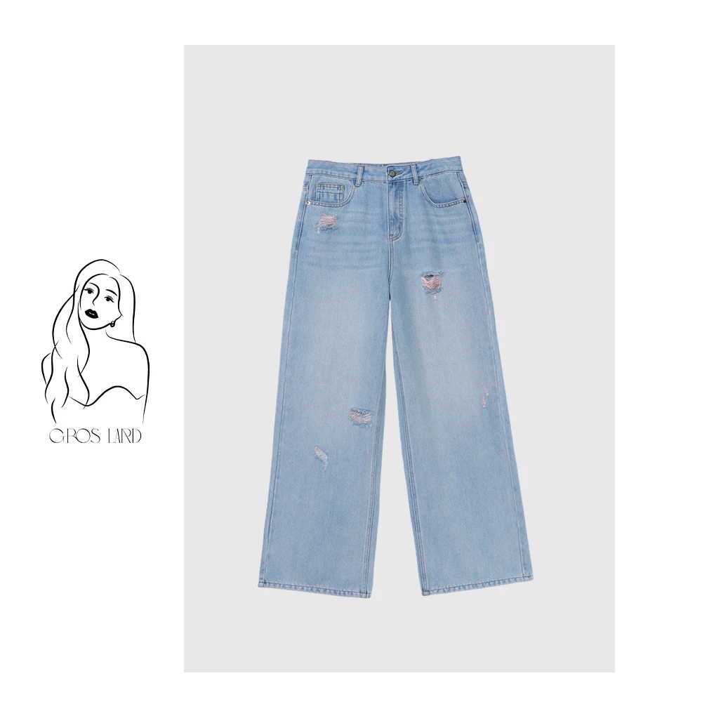 多肉宝贝【梨型/H型穿】牛仔裤女胖mm穿高腰A字显瘦阔腿裤250DY2001