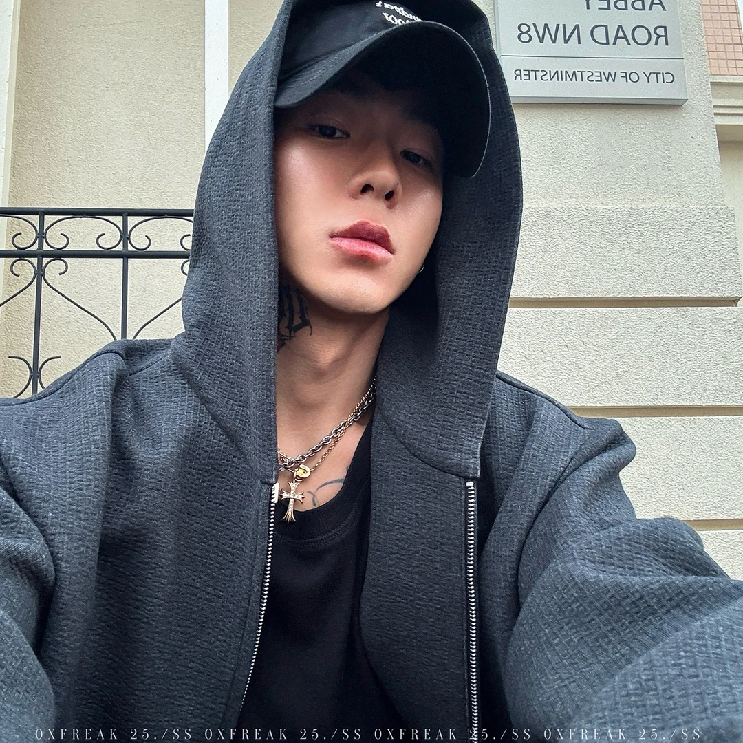 OXFREAK「混纺定染深灰」微弹重磅拉链卫衣外套男宽松老钱风秋冬