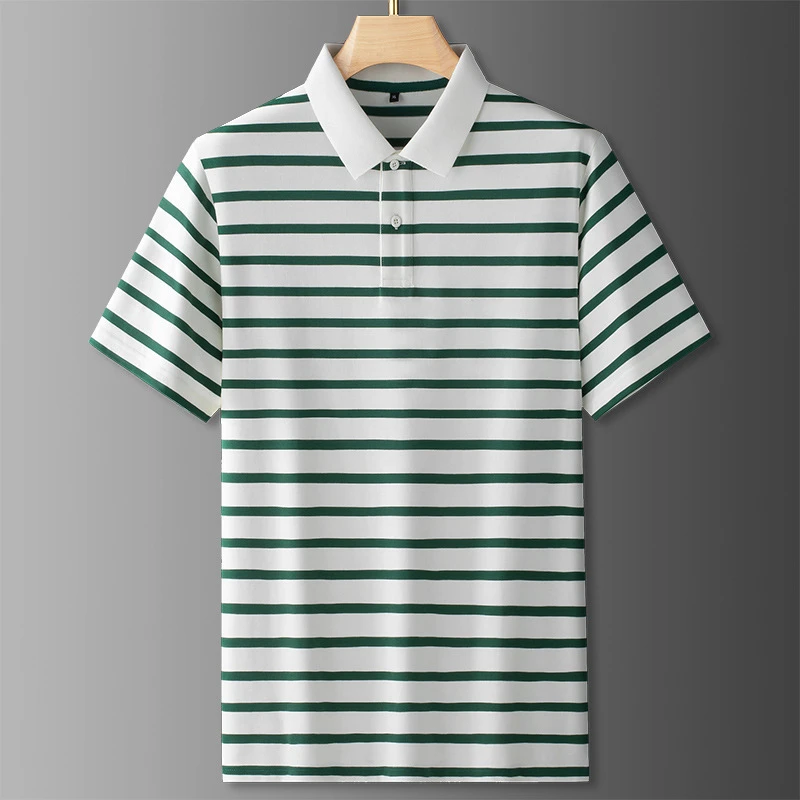 【大码男装】黑白条纹翻领短袖T恤夏季棉质上衣肥佬宽松polo衫