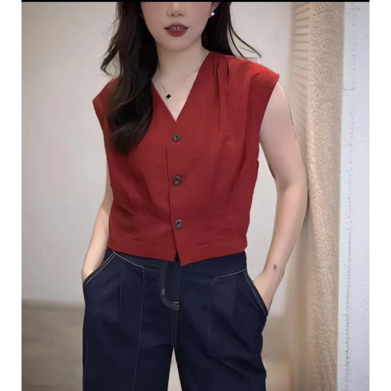 夏季设计感简约无袖气质小衫薄款V领上衣时尚休闲修身纯色833显瘦