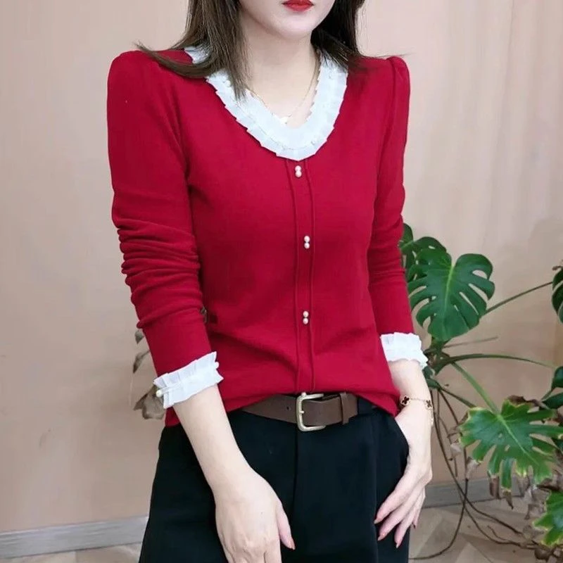 双面德绒V领蕾丝花边长袖T恤女秋冬宽松遮肚子显瘦保暖打底衫上衣