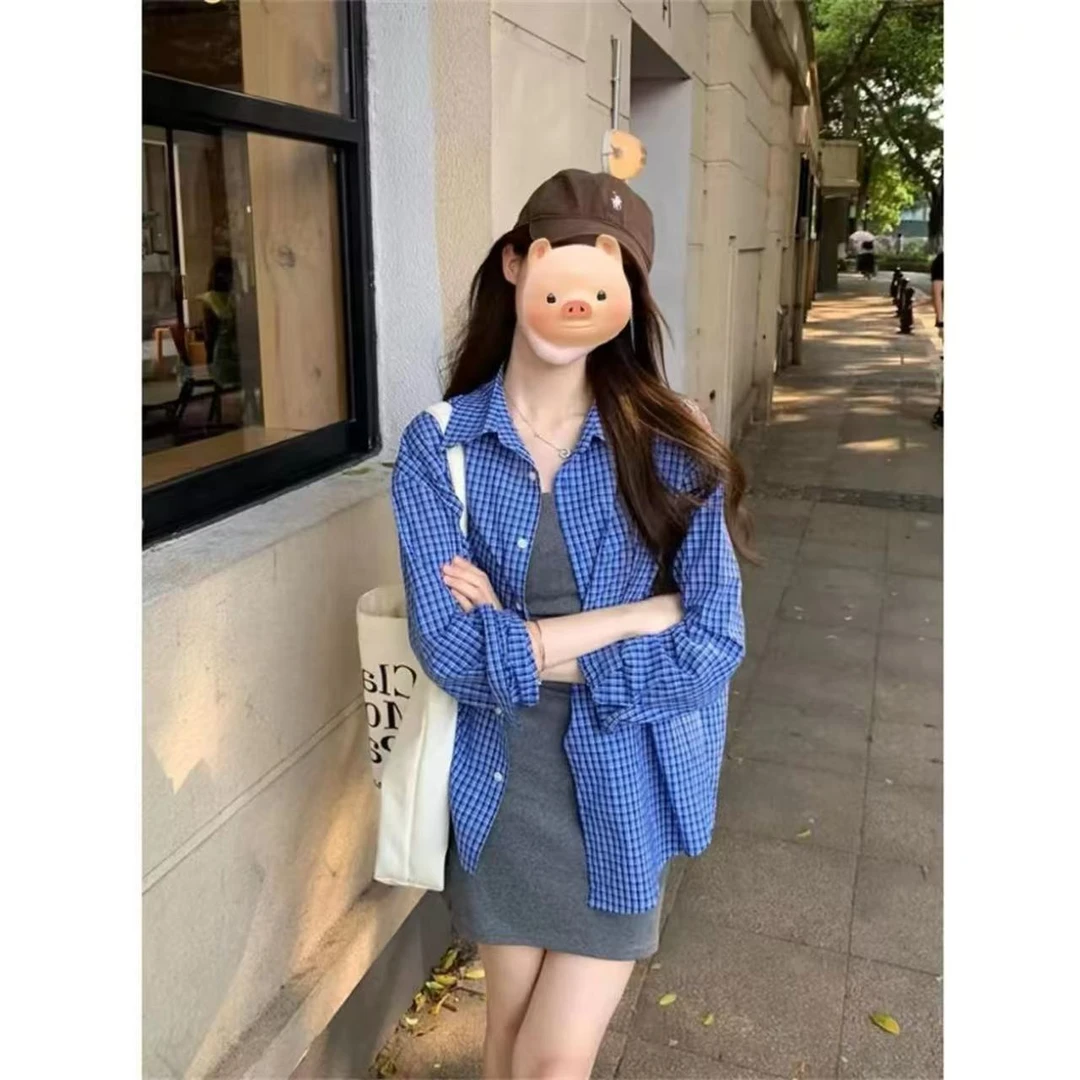 【工厂现货】美式蓝色格子Polo领长袖衬衫女早春季2025新款宽松上衣