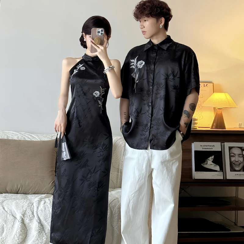 新中式情侣装夏季小众设计感短袖衬衫女旗袍连衣裙法式一裙一衣潮