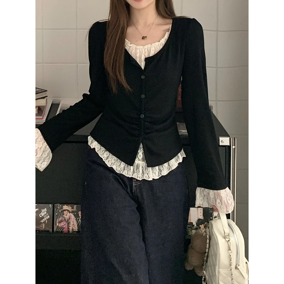 韩系慵懒风胖mm大码上衣25秋装蕾丝拼接假两件长袖T恤女遮肉内搭