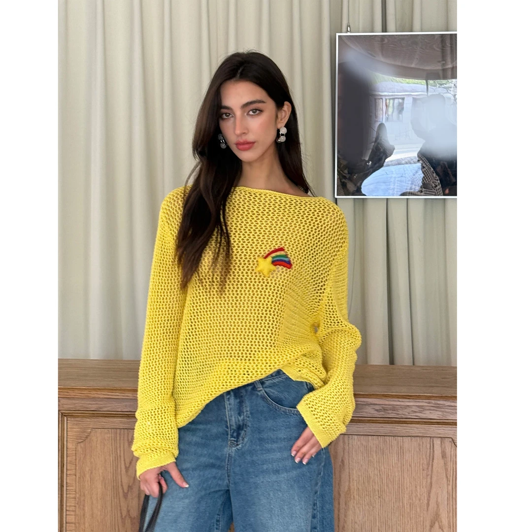 CAPPOW 亮黄色多巴胺彩虹刺绣镂空针织T恤罩衫 亚麻海边度假长袖