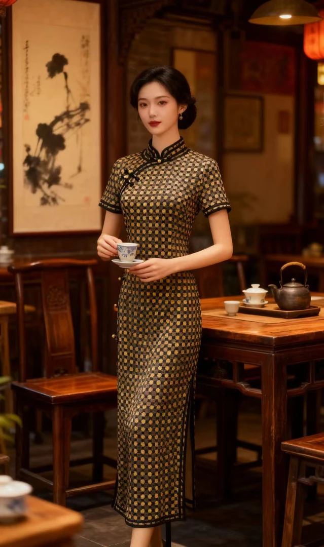 苏州高端【多菱格】裙长115CM日常花纹新中式旗袍印花显瘦气质修身