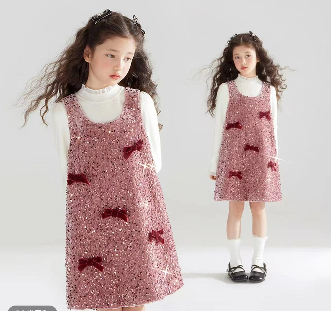 女童珠片蝴蝶结背心裙秋冬2025新款儿童连衣裙女孩新年公主裙套装