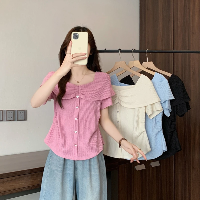 2025夏装新款胖mm大码女法式设计感爱心纽扣甜美减龄短袖小衫