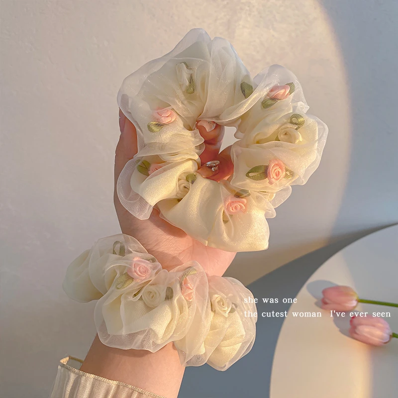 网纱花朵大肠发圈女高弹力扎马尾橡皮筋头绳温柔气质耐用发绳头饰