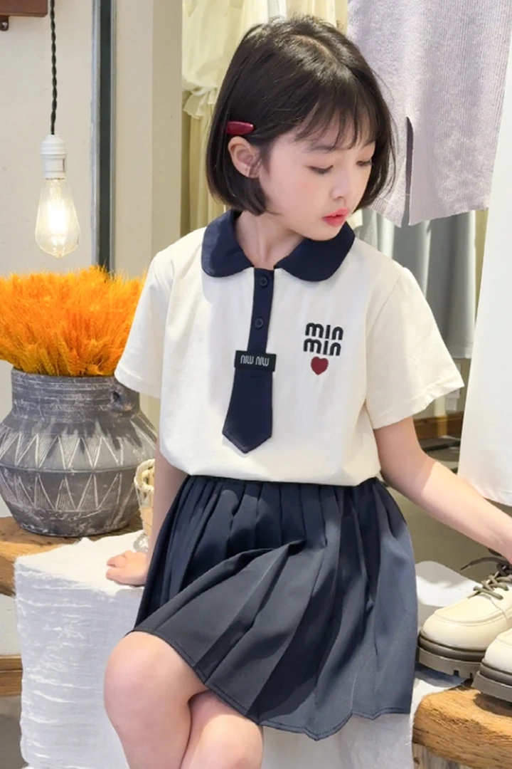 女童夏季短袖学院风百褶裙套装中大童小女孩高级感连衣裙儿童裙子