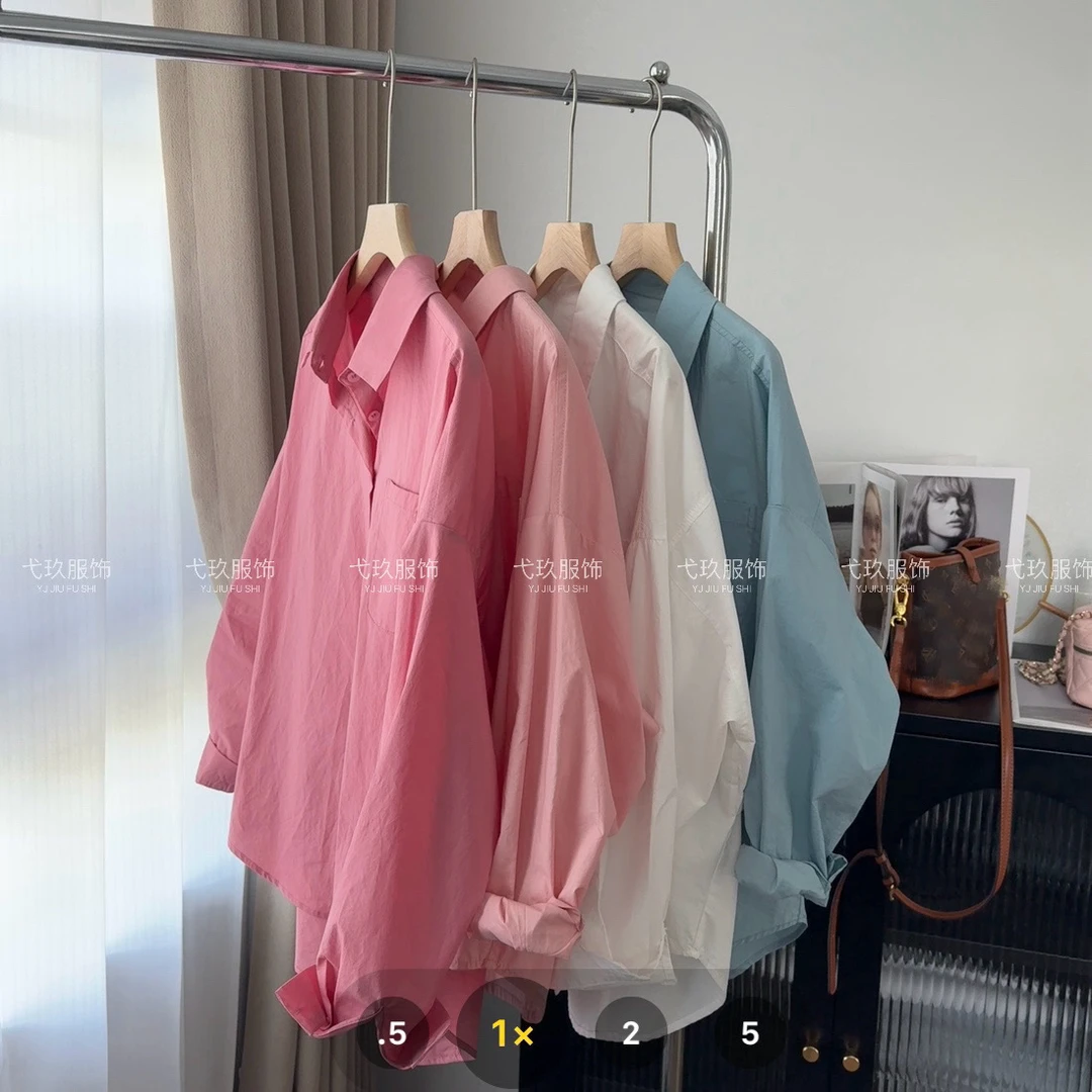 长袖简约通勤日式衬衫夏季秋季春季衬衫袖休闲外套百搭粉色