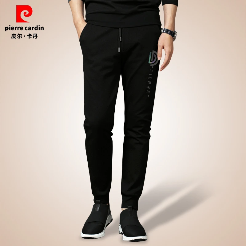 皮尔卡丹夏季长裤束脚裤修身休闲裤简约黑色卫裤弹力裤子男士百搭