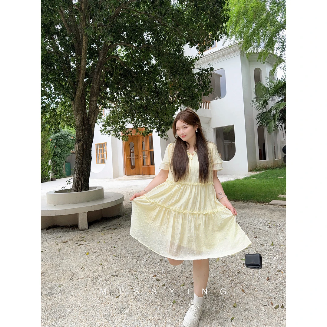 应小姐【花莹】微胖大码莱赛尔法式显瘦设计时尚气质宽松纯色连衣裙