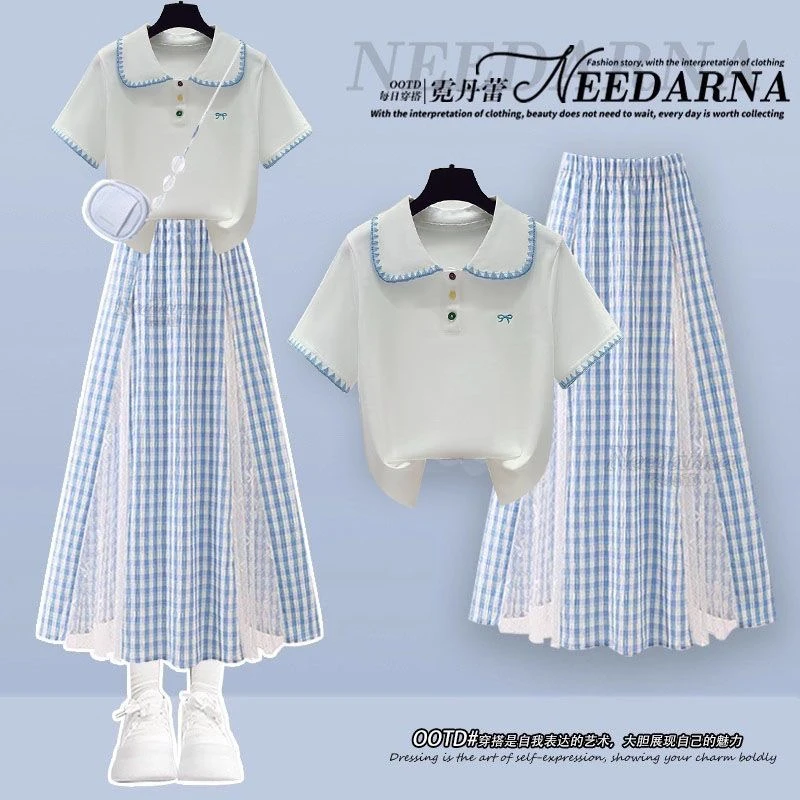 女童半身裙夏装套装2025新款蕾丝夏季儿童洋气T恤短袖半裙两件套