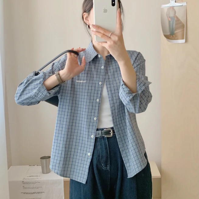 花汐 纯棉显瘦2025春季格子刺绣字母长袖内搭休闲小众衬衫衬衣