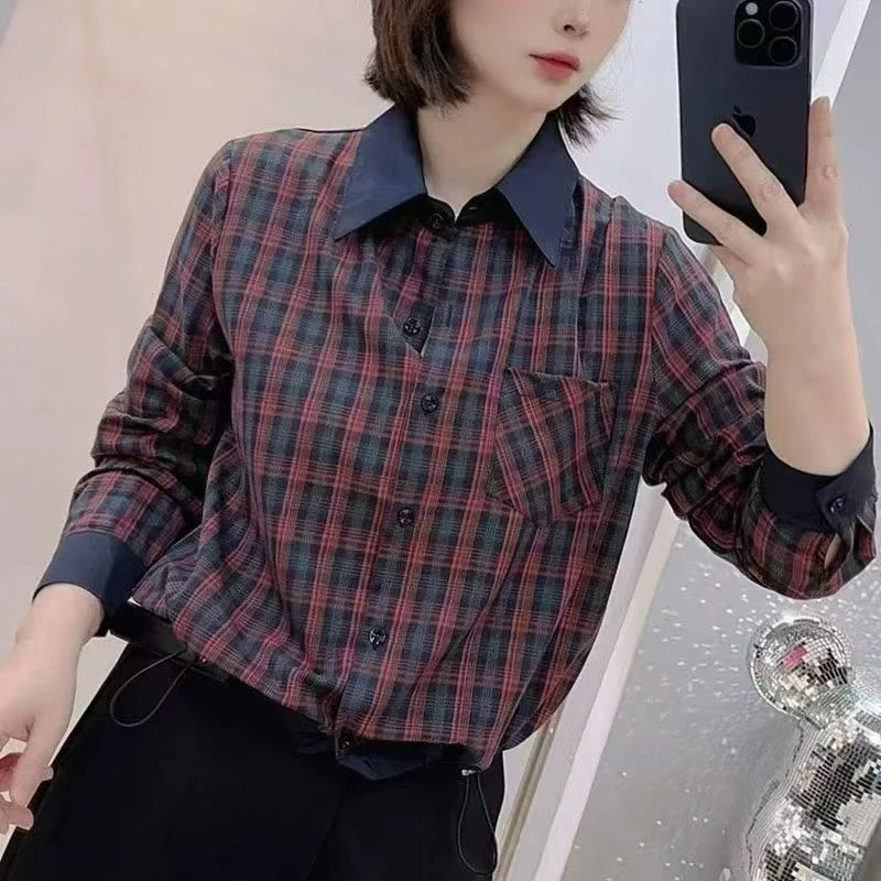 早秋洋气减龄格子长袖立领衬衫气质高级感休闲显瘦上衣