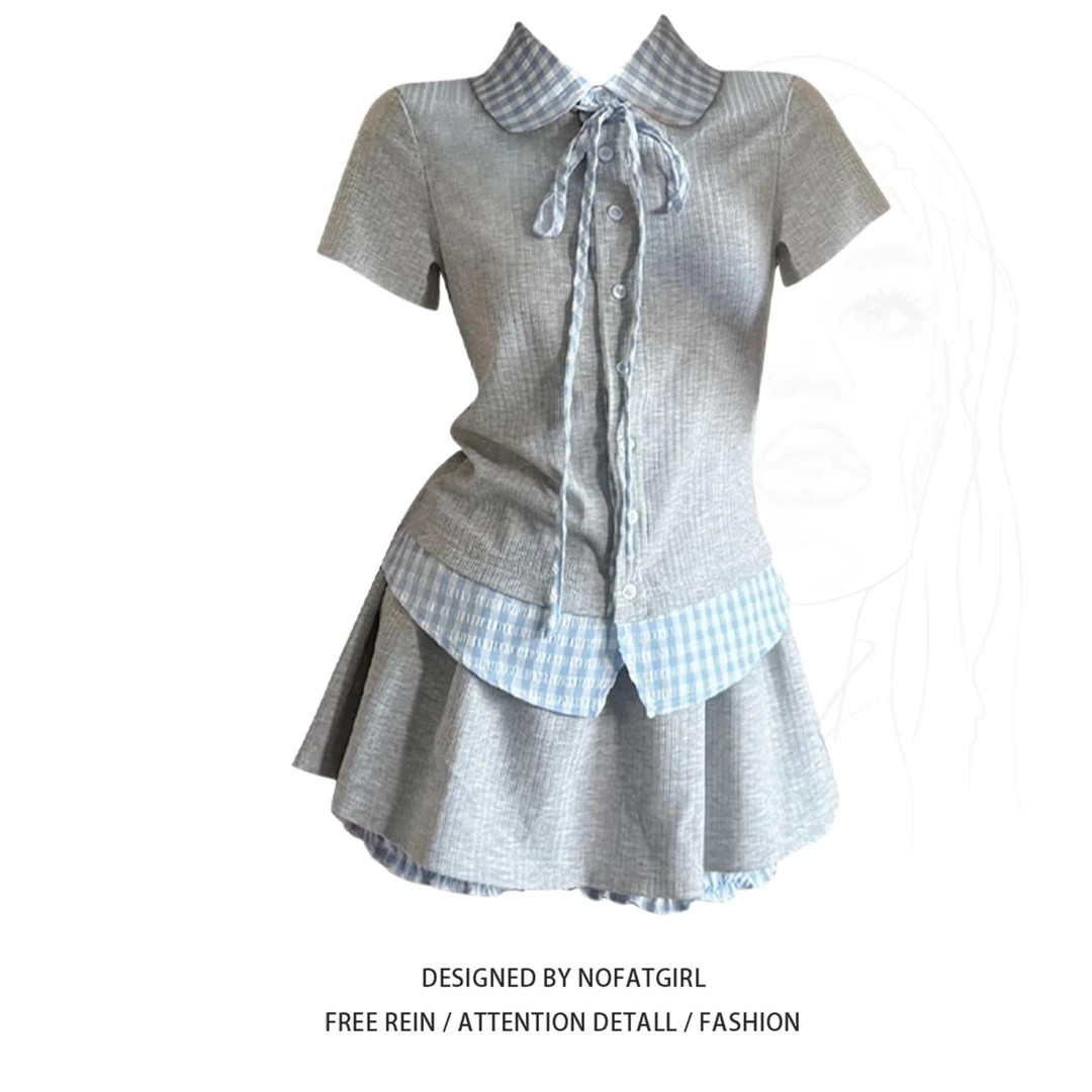 大码胖MM韩系学院风套装女夏季假两件短袖上衣格子拼接短裙两件套