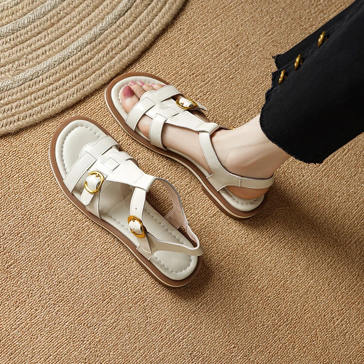 白色小众设计真皮T字带夏季新款后空露趾平底纯手工罗马凉鞋女