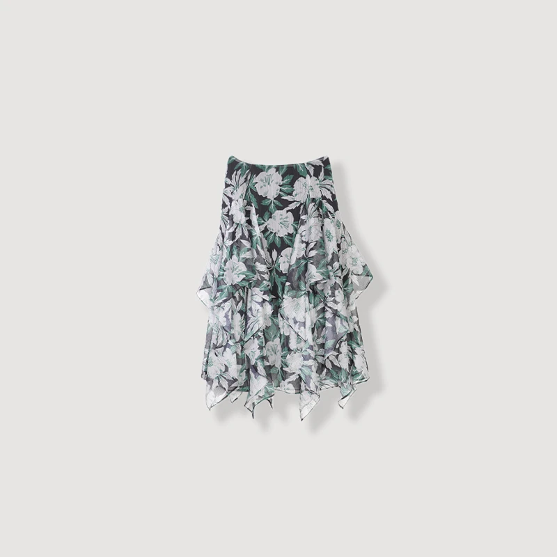 【罗意W设】LEW同款花卉图案中腰层叠荷叶边设计半身裙25D5058