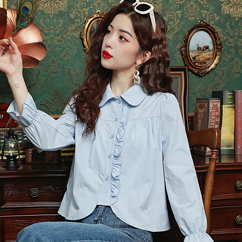 2025春秋新款法式木耳边娃娃领设计感小众甜美减龄别致短款上衣女