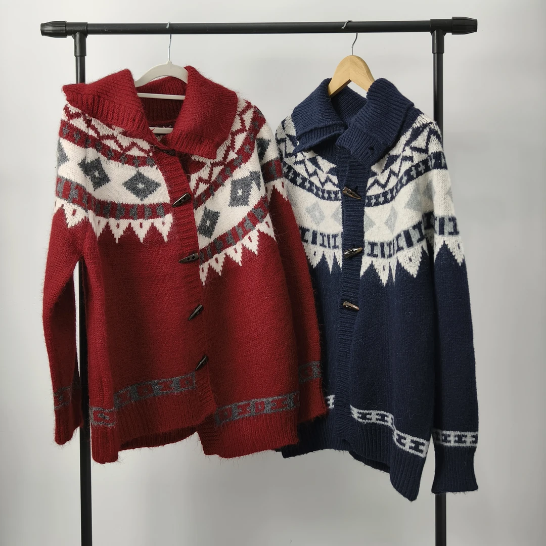 意式针织女提花翻领长袖毛针织衫拼接连帽休闲宽松