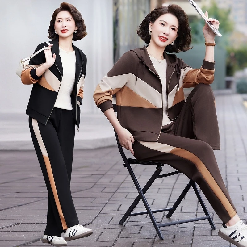 妈妈秋装运动套装洋气2024新款中老年女装秋冬外套加绒休闲两件套