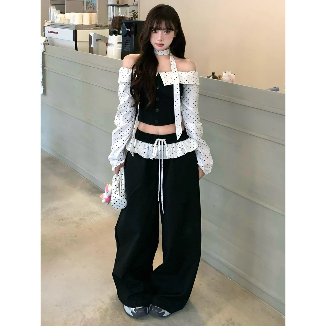 韩系复古芭蕾风波点一字肩衬衫女秋季慵懒松弛感阔腿休闲裤两件套