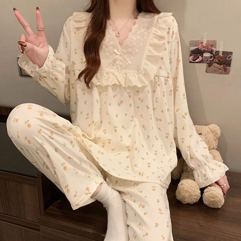 春季新款睡衣女梭织云朵棉长袖甜美蕾丝薄款家居服秋天两件套装