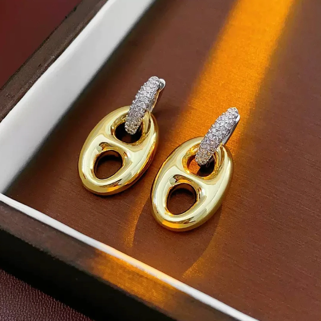 铜合金锆石耳饰 复古欧美锆石金色猪鼻子耳坠时尚个性两戴耳饰