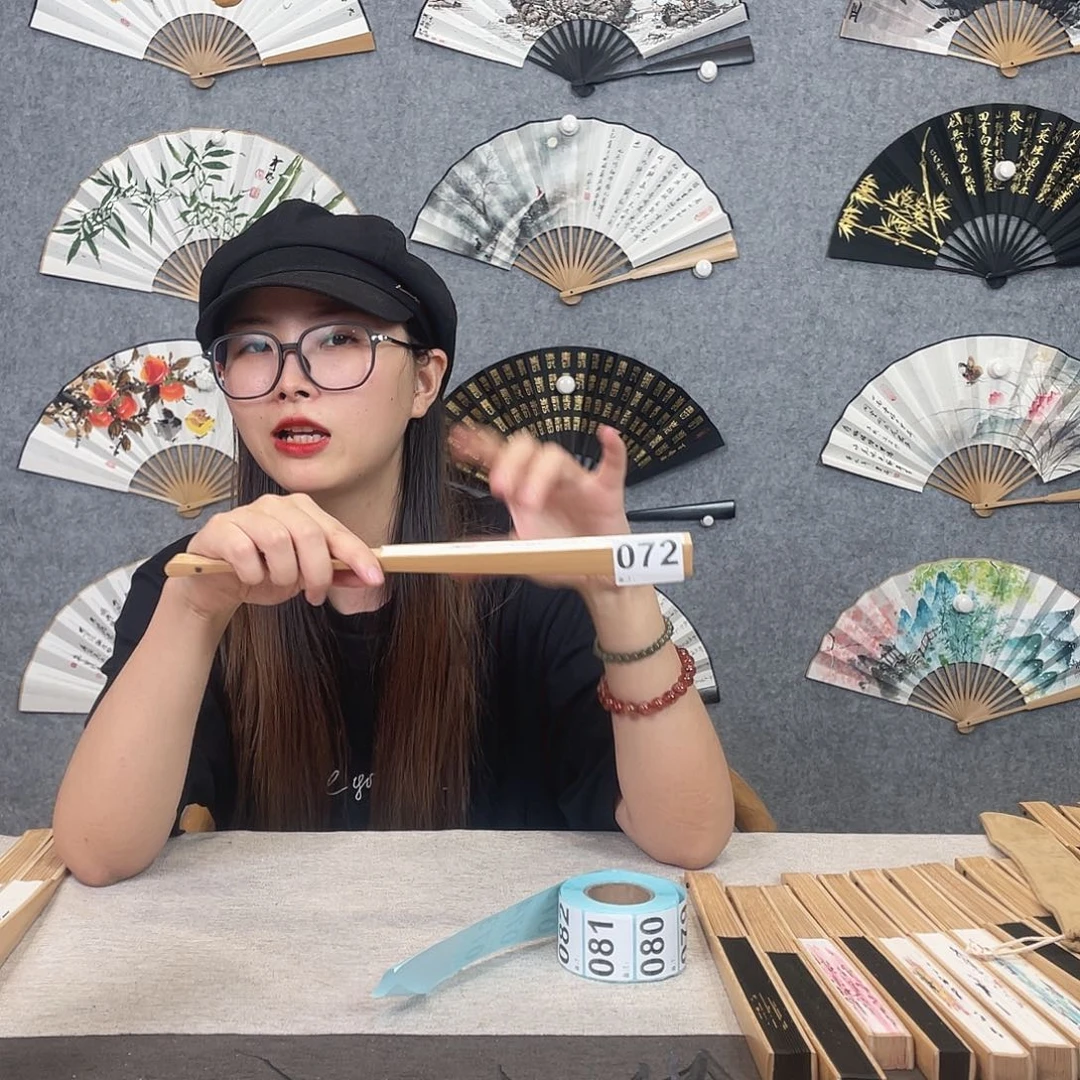 国画95寸水磨玉竹纯手绘-文玩扇骨（默认粘好）编码072
