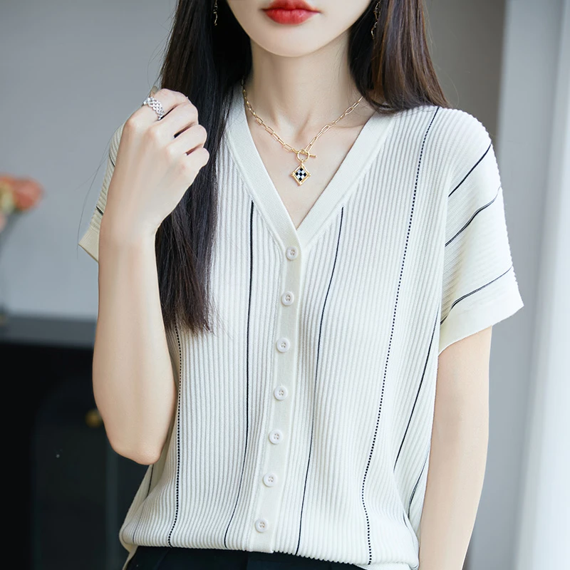 夏季新款V领高级感100%莱赛尔针织薄款短袖宽松显瘦百搭开衫上衣