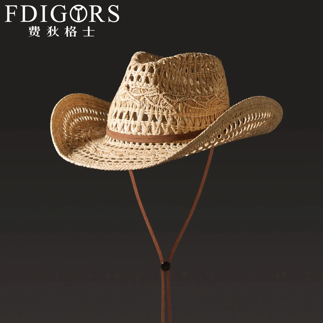 FDIGORS宽檐镂空草帽男款夏季西部牛仔风时尚卷边度假透气遮阳帽