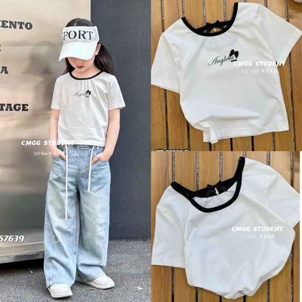 格格家女童白色夏季短袖T恤57639 儿童上衣打底衫女修身半袖短款t