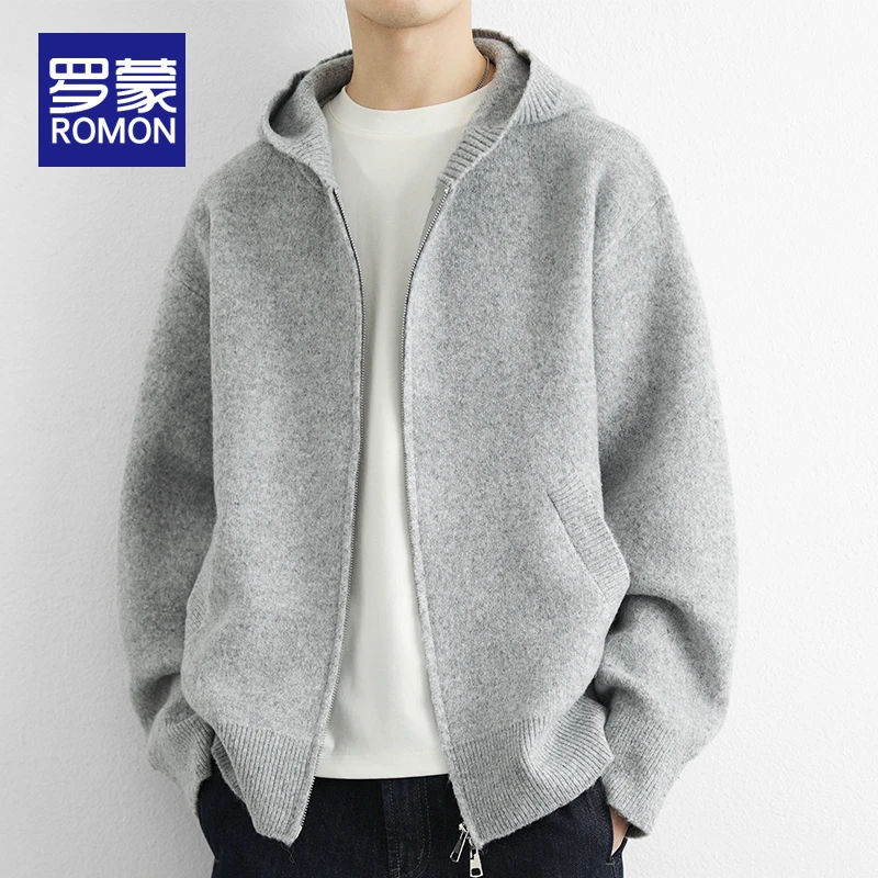 罗蒙男士秋冬连帽开衫毛衣含羊毛潮牌运动休闲针织衫男款时尚外套