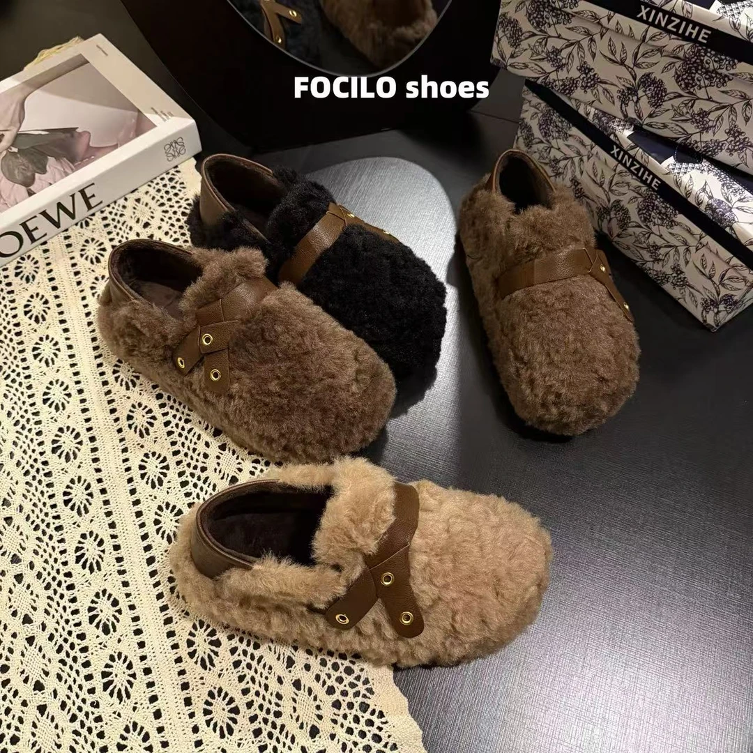 羊羔绒复古毛毛鞋女2025年冬季新款厚底一脚蹬懒人单鞋加绒棉鞋