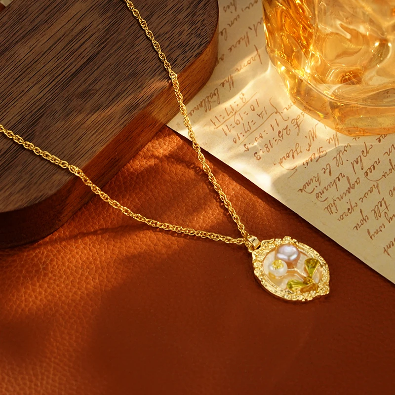 铜合金项链 E002【画框花朵】莫奈花园系列新中式高级感甜美项链