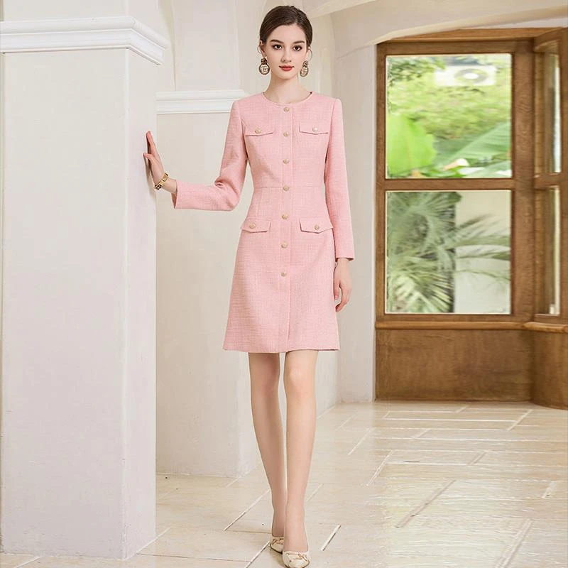 25法小曼名媛小香风粉色连衣裙女修身法式西装裙气质美容师工作服