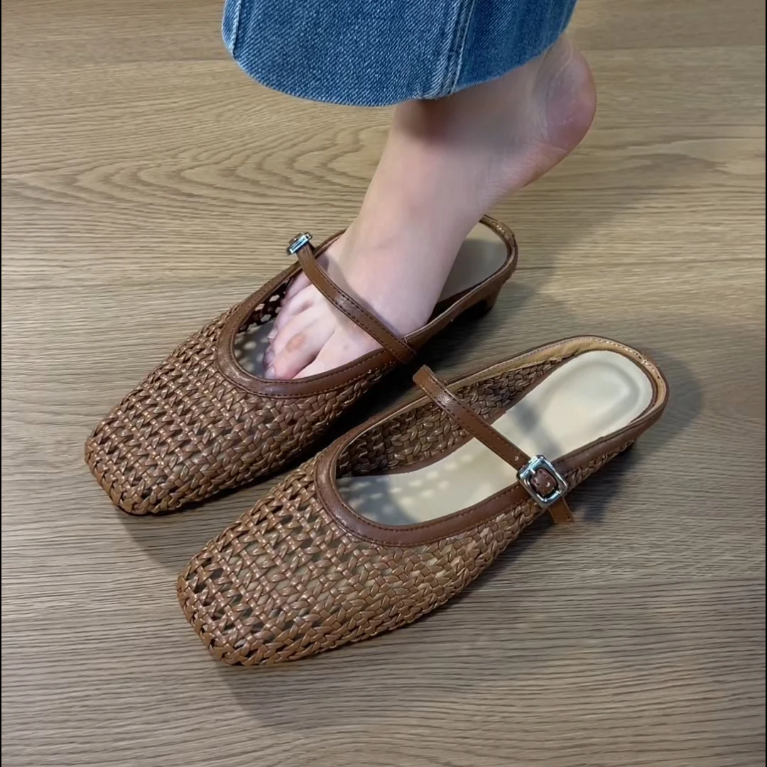 拖鞋2025年新款编织气质极简风小方头镂空包头半拖鞋百搭夏季外穿