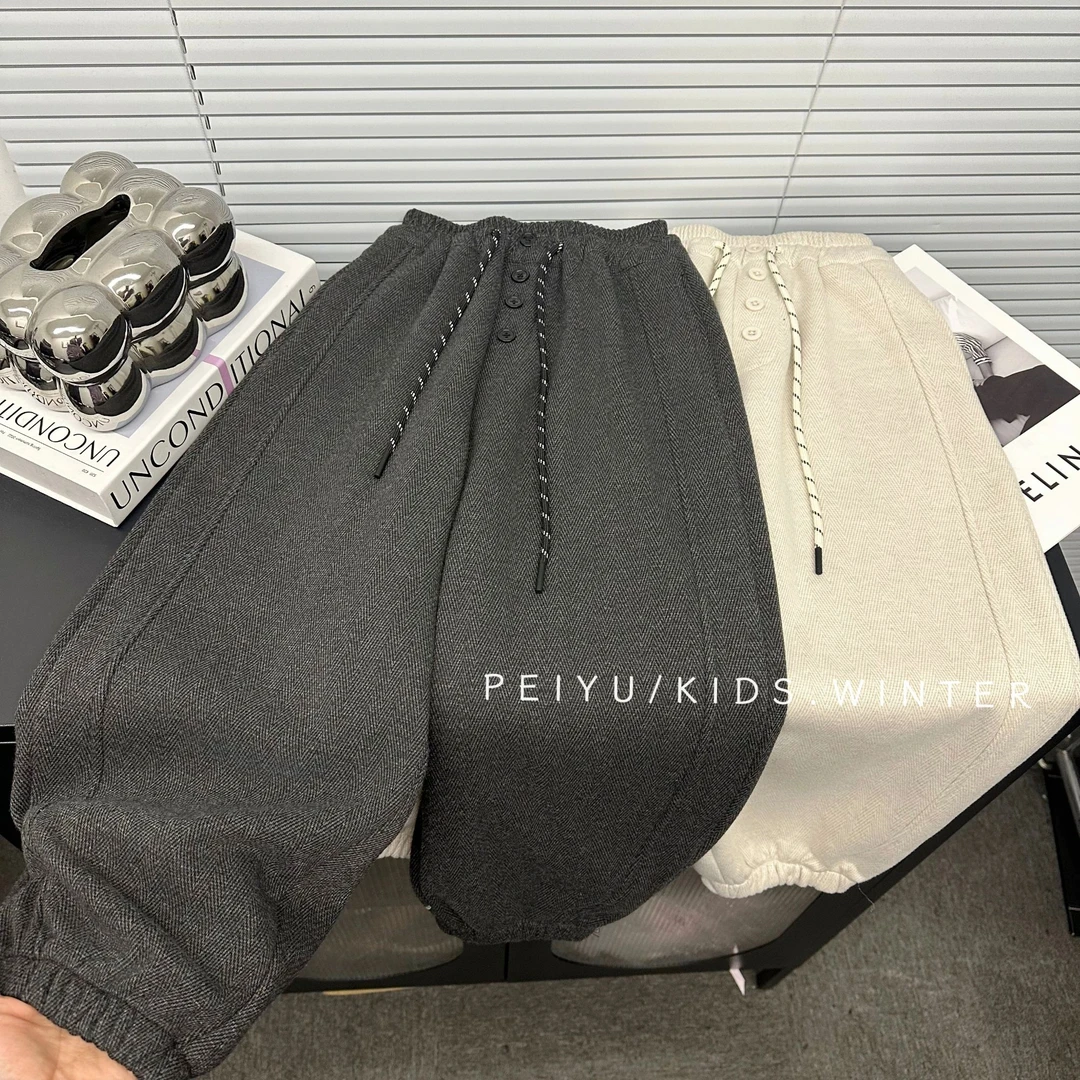 儿童一体绒休闲裤2025冬款潮流韩版加厚男女童卫裤冬季中大童长裤