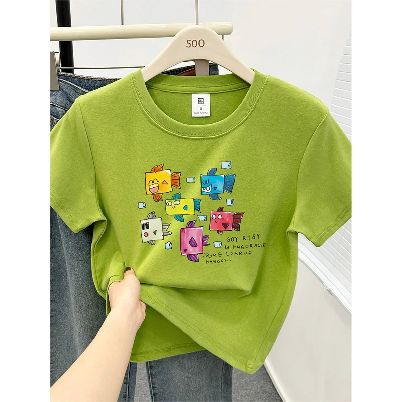 正肩大码短袖T恤女夏季2025新款趣味小鱼儿印花休闲半袖体恤上衣